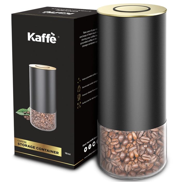 Kaffe Coffee Canister Storage Container Black/Gold Round 16oz